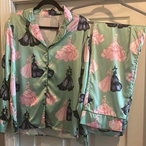 WICKED Satin Elphie & Glinda Print Pajama Set in Mint with Pink & Black Accents